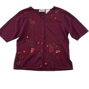 Kathy Lee Collection Women's Burgundy Embroidered Cardigan Sz Small Short Sleeve